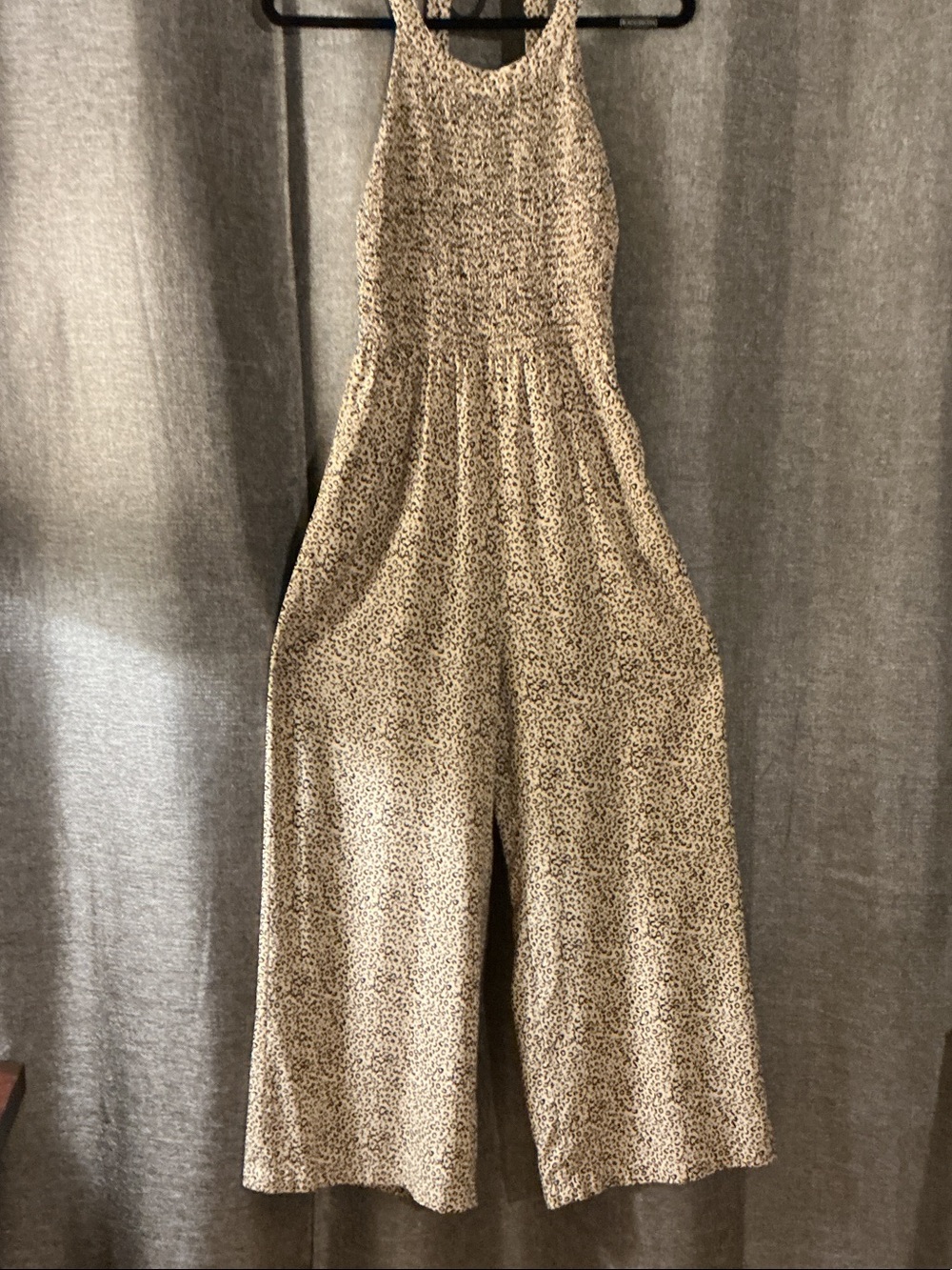 Smocked Halter Leopard-Print Wide-Leg Jumpsuit in Beige
